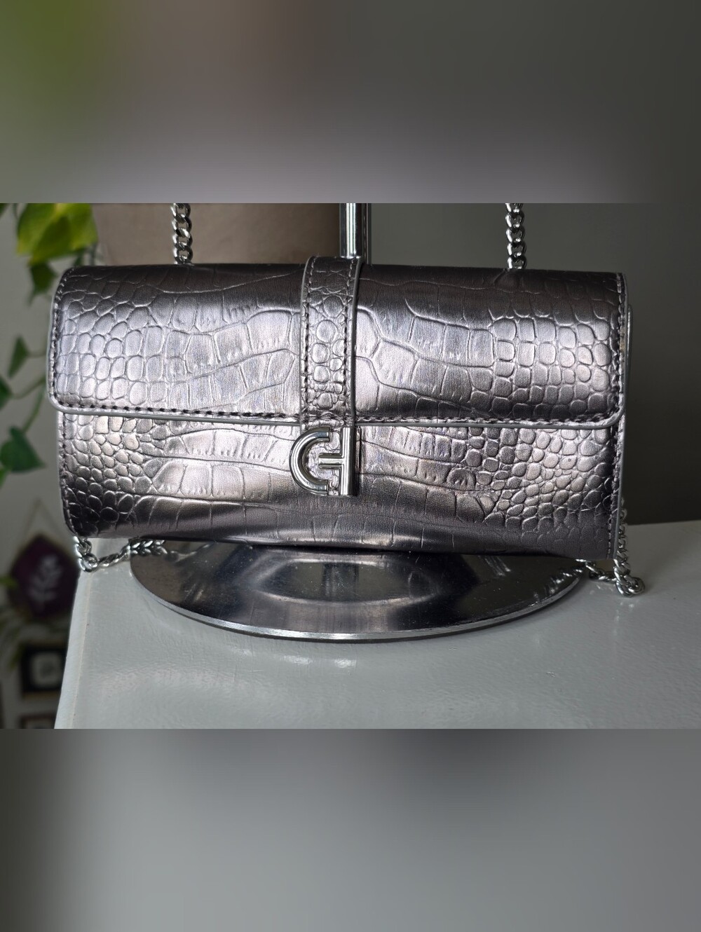 Cole Haan Metallic Silver Croc-Embossed Chain Crossbody Wallet